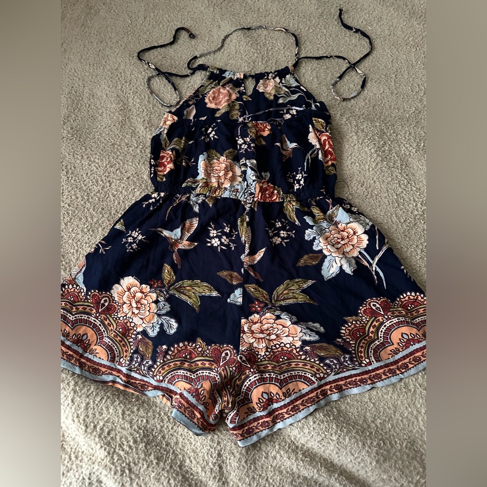 Angie Floral Boho festival Halter Romper Hummingbird Print Navy Blue rayon SZ M - Picture 2 of 8